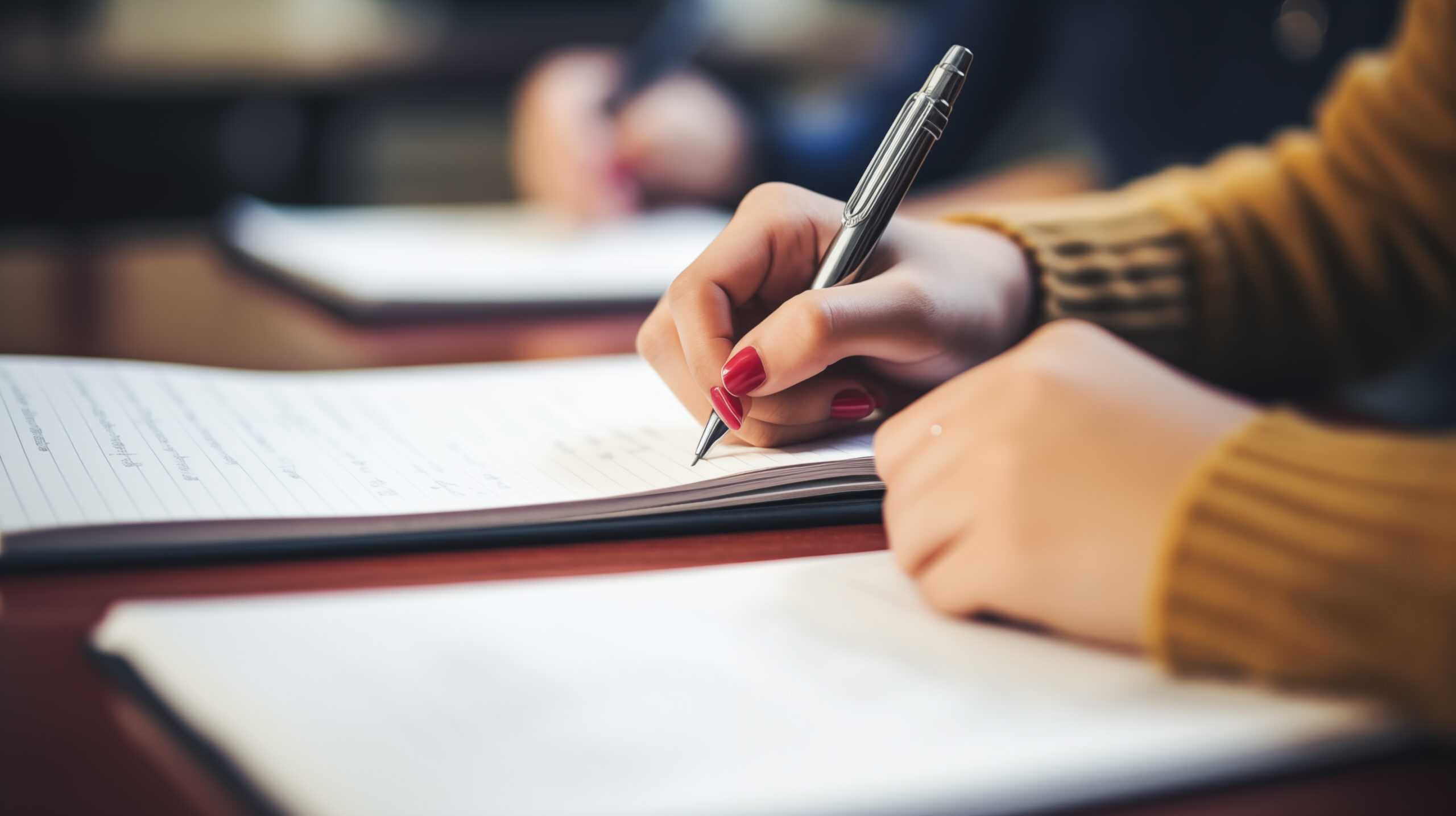 Close-up shot of a student's hand holding a pencil and writing i
